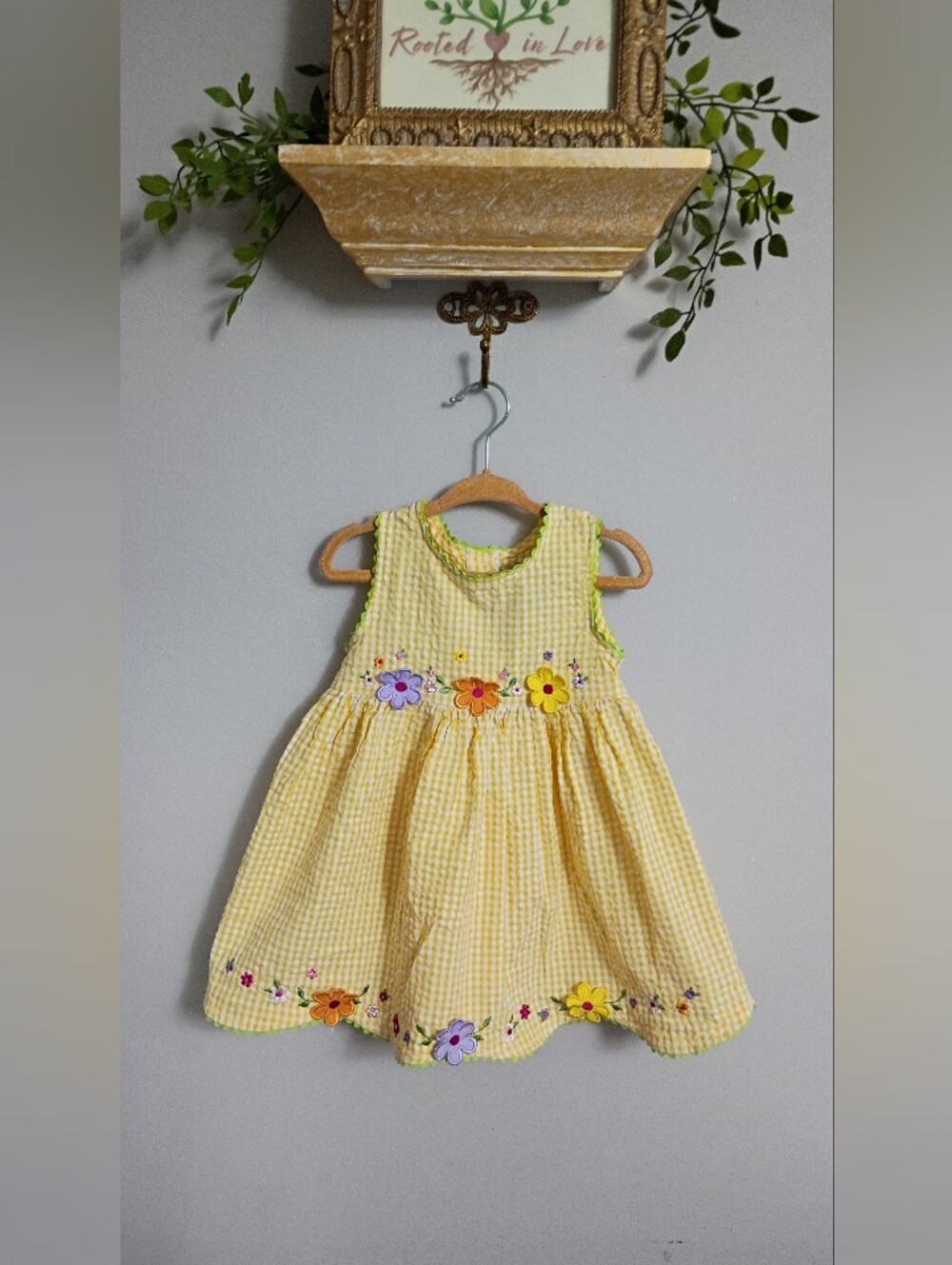 Youngland Yellow Gingham Floral Trim Dress